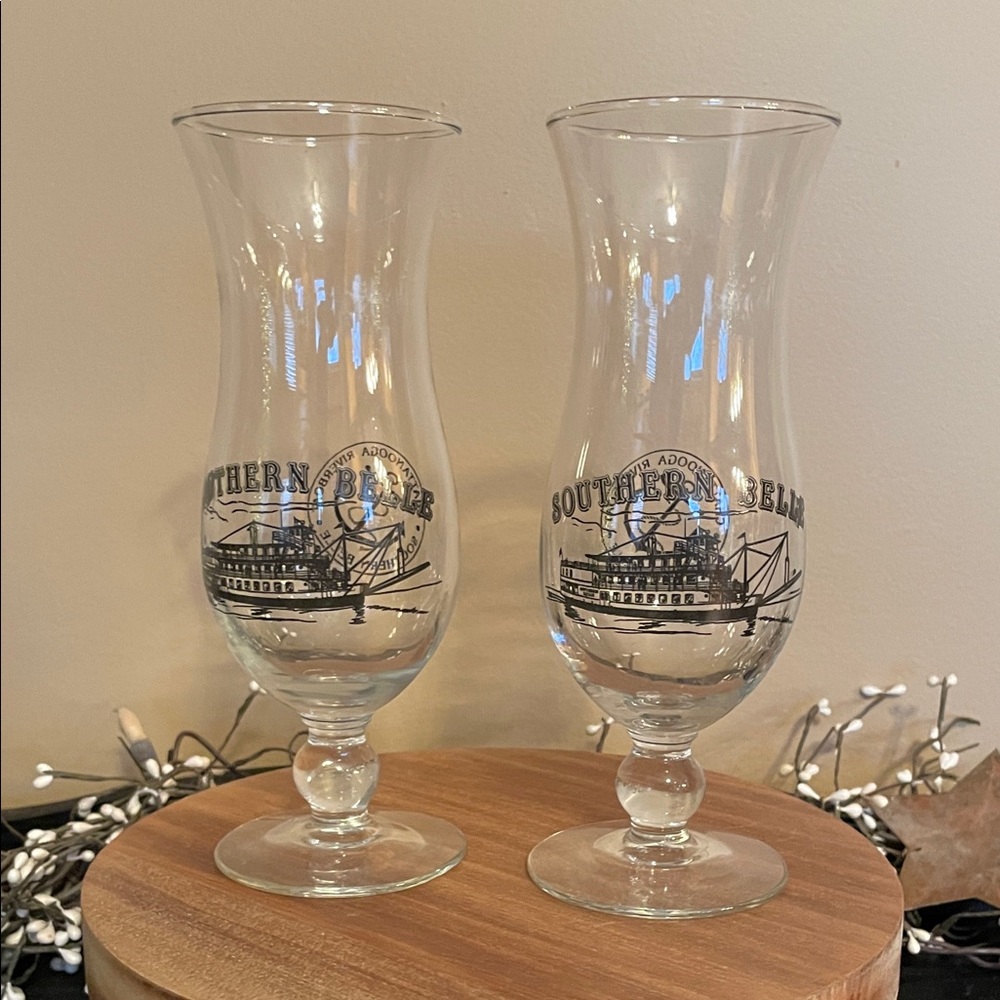 Southern Belle-Chattanooga, TN Hurricane Glasses (2)-Clear Glass with Black Logo